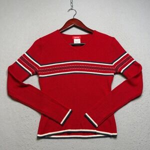 Esprit Sweater Womens Medium Red Y2K Wool Blend Ribbed Striped V-Neck ER77
